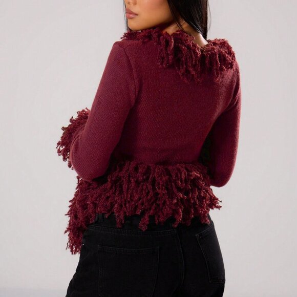 Burgundy Casual Women's Shaggy fringe detailed Knit Cardigan - Picture 3 of 5